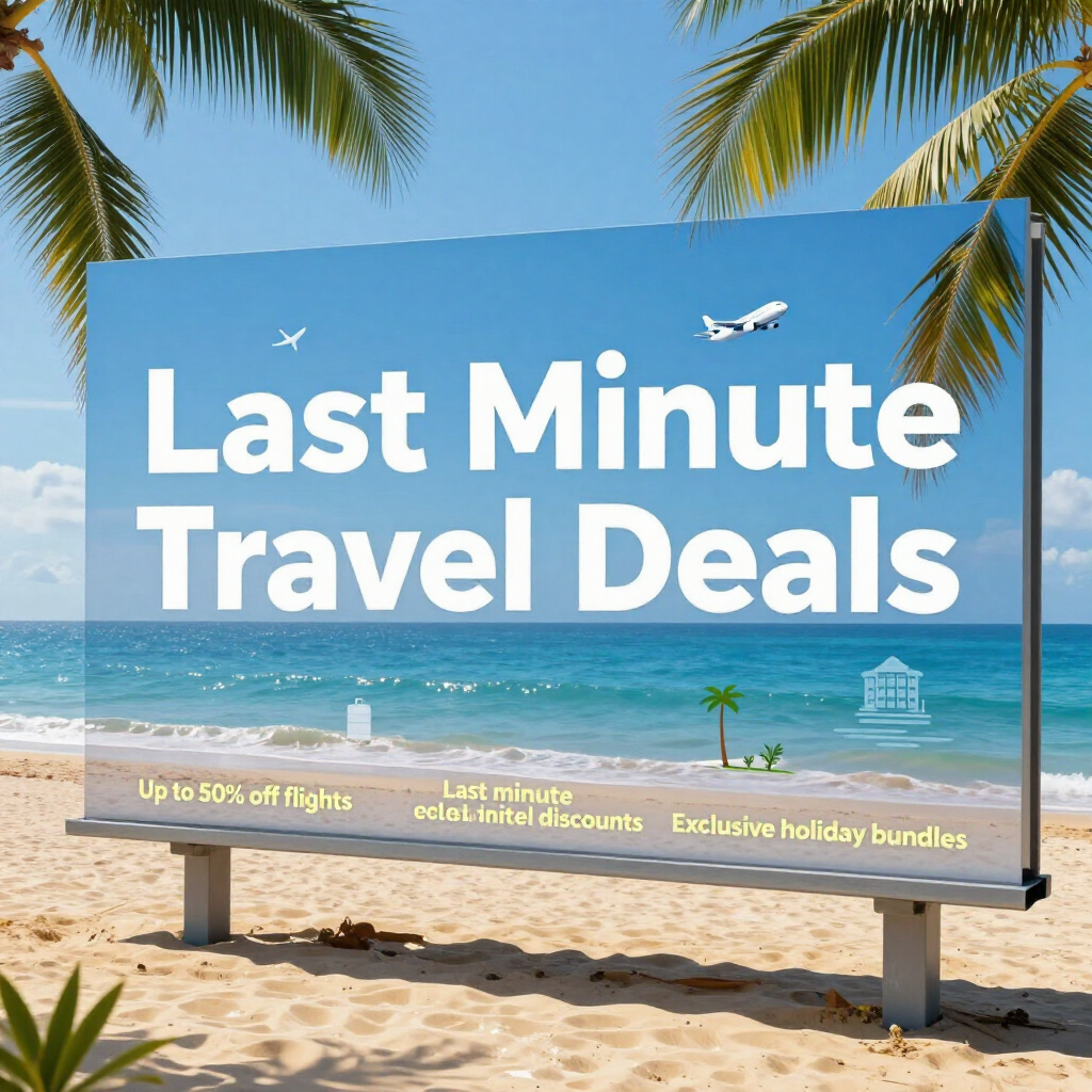 Beach billboard reading “Last Minute Travel Deals” with palm trees, blue ocean, and airplane graphics