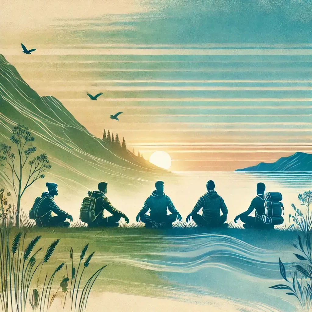 Silhouetted hikers sit by a calm lake at sunrise, with mountains, birds, and reeds in soft blue-green tones.