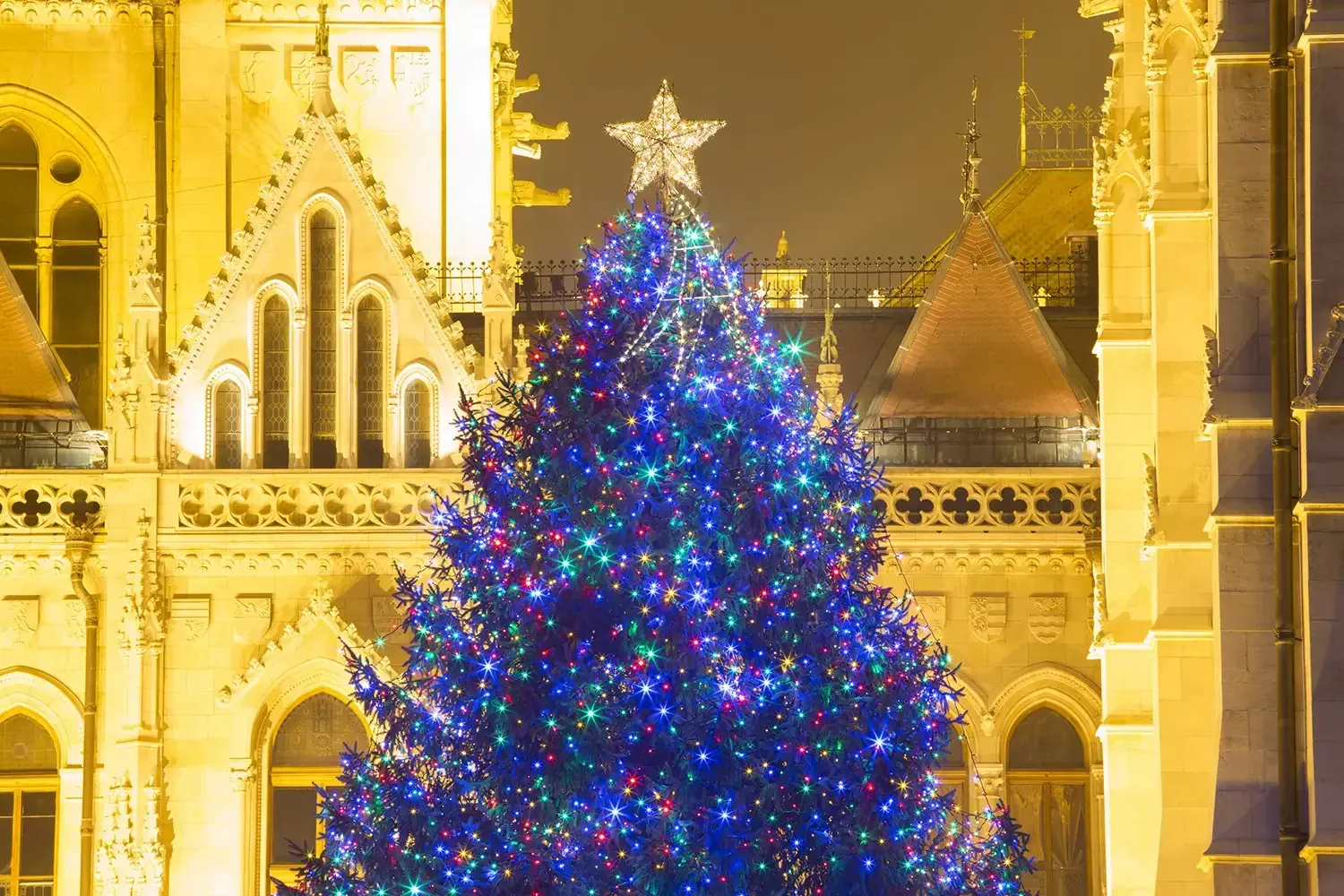 A large Christmas tree decorated with glowing blue, red, and green lights stands before an ornate, illuminated building.