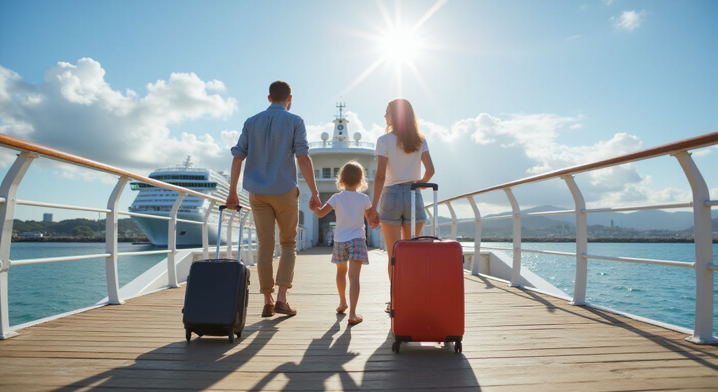 A family walks along a wooden pier toward a cruise ship under a bright, sunny sky, pulling wheeled suitcases.