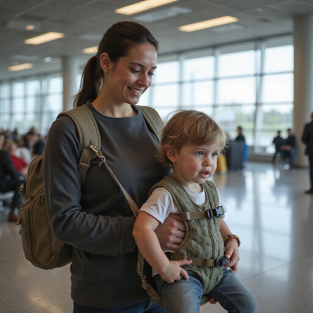Woman carrying toddler in a bright airport terminal