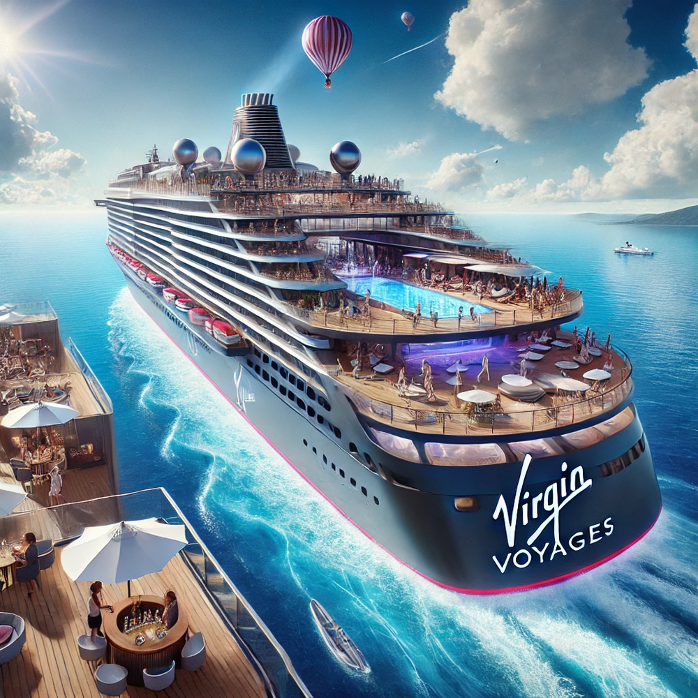 Virgin Voyages cruise ship sailing on blue water, with rooftop pools and lounge decks under a bright sky