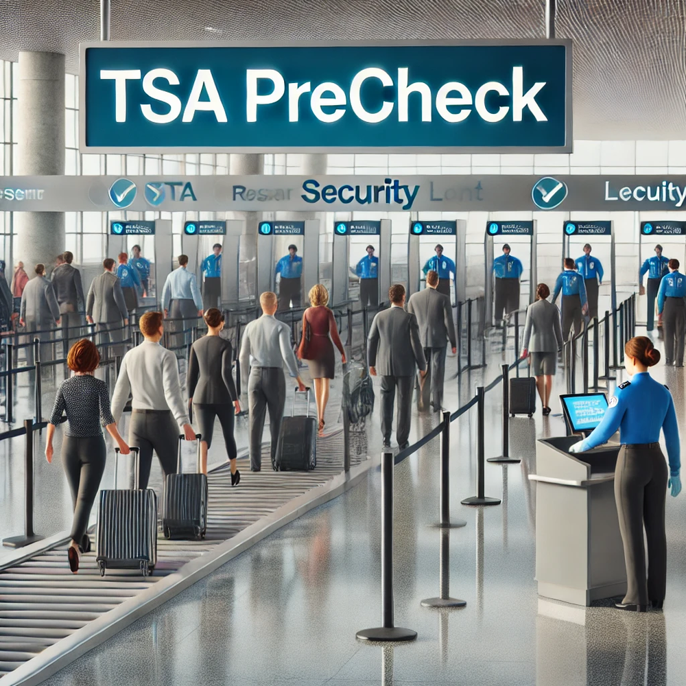 TSA PreCheck security checkpoint with travelers in line and blue-lit screening lanes
