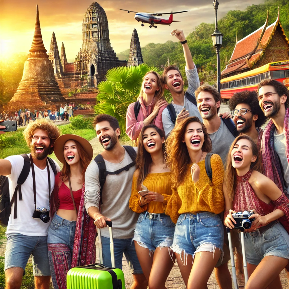 A cheerful group of friends traveling together with luggage in front of historic Thai temple ruins under a sunny sky.
