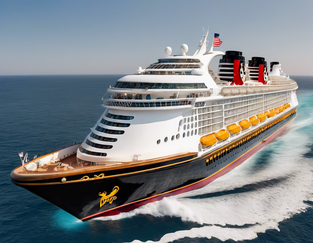 A black and white Disney cruise ship with red funnels and yellow lifeboats sailing across a blue ocean.