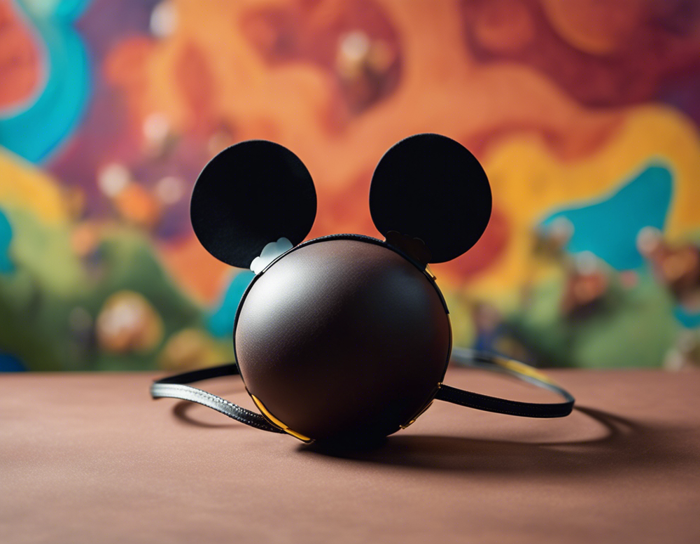 A spherical, dark brown Mickey Mouse-shaped bag with round ears sits on a brown surface against a blurred, colorful backdrop.