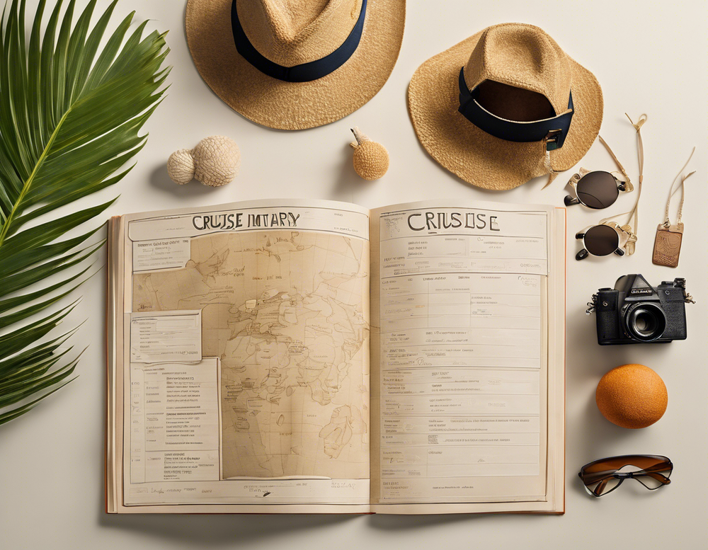 An open cruise itinerary book surrounded by straw hats, sunglasses, a camera, a palm leaf, and an orange on a white surface.
