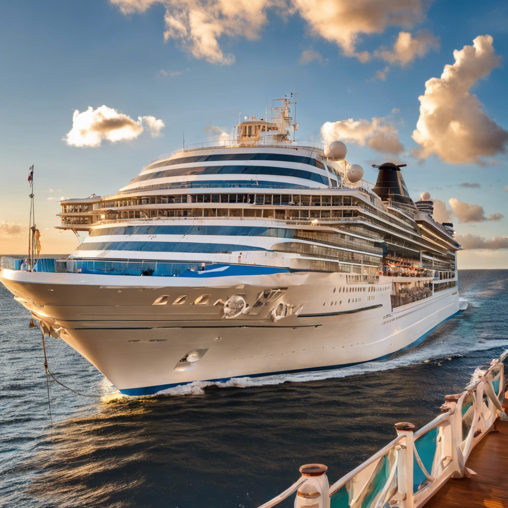 A large white cruise ship sails across a calm sea under a golden sunset sky, viewed from the deck of another vessel.