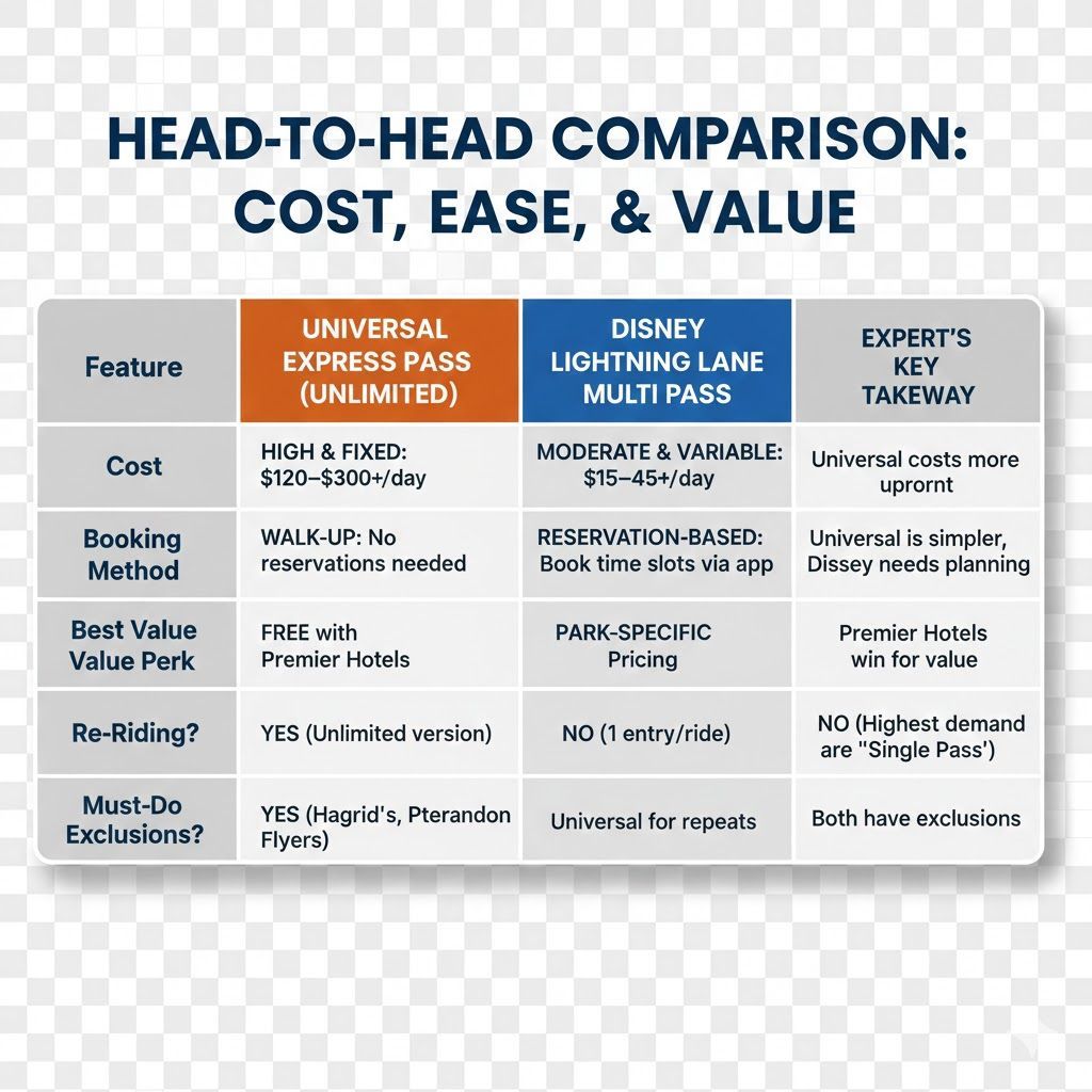 Comparison chart showing costs, booking, and ride policies for Universal Express Pass vs. Disney Lightning Lane Multi Pass.