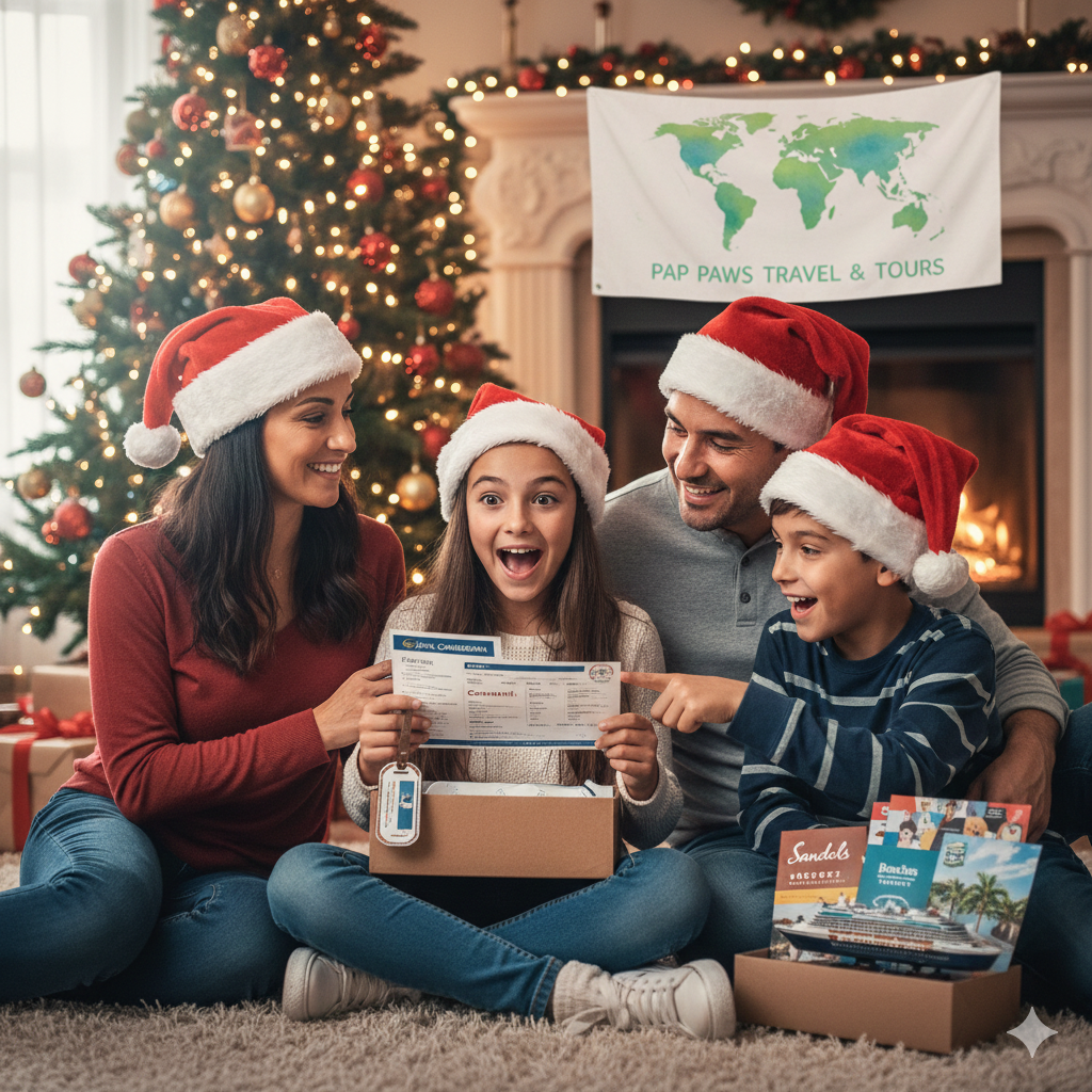 A family wearing Santa hats sits by a Christmas tree, excited about travel documents and brochures for a vacation.