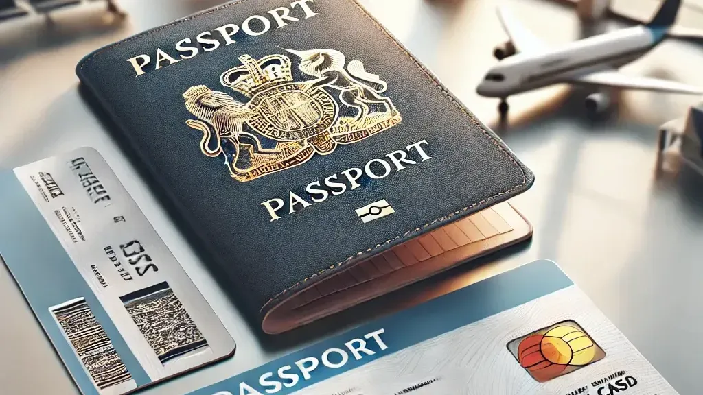 Passport on a table beside travel documents and a credit card, with a plane in the background.