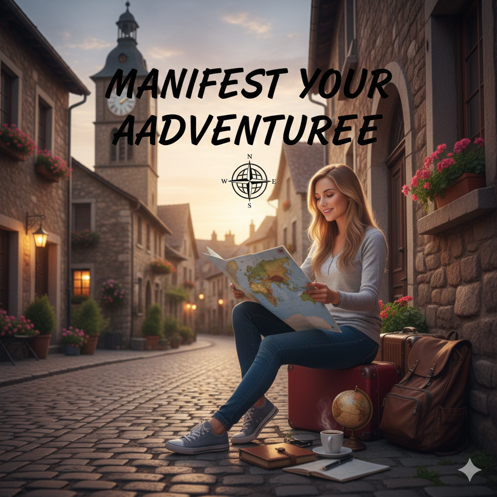 Traveler reading a map on a cobblestone street at sunset, with “MANIFEST YOUR ADVENTURE” text overhead.