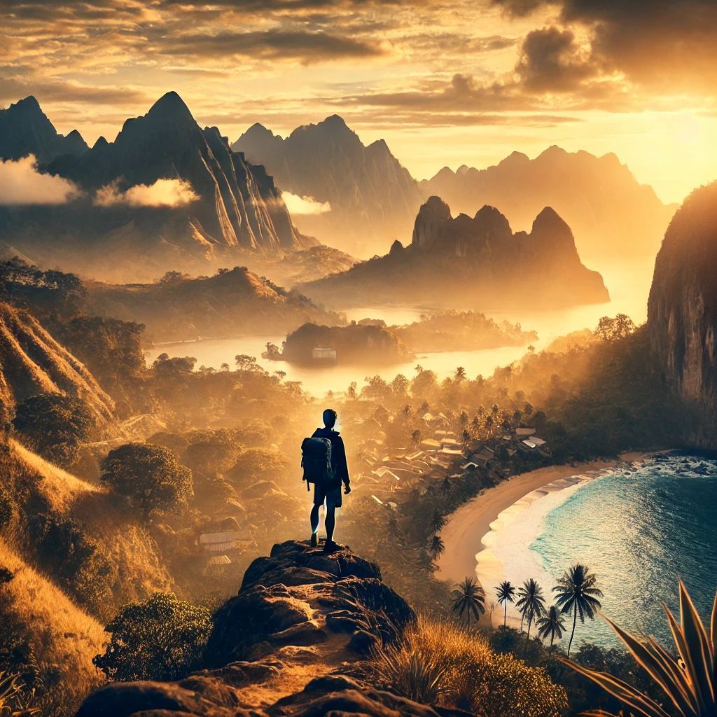 A hiker stands on a rocky cliff overlooking a lush tropical bay, mountains, and a beach at golden hour.