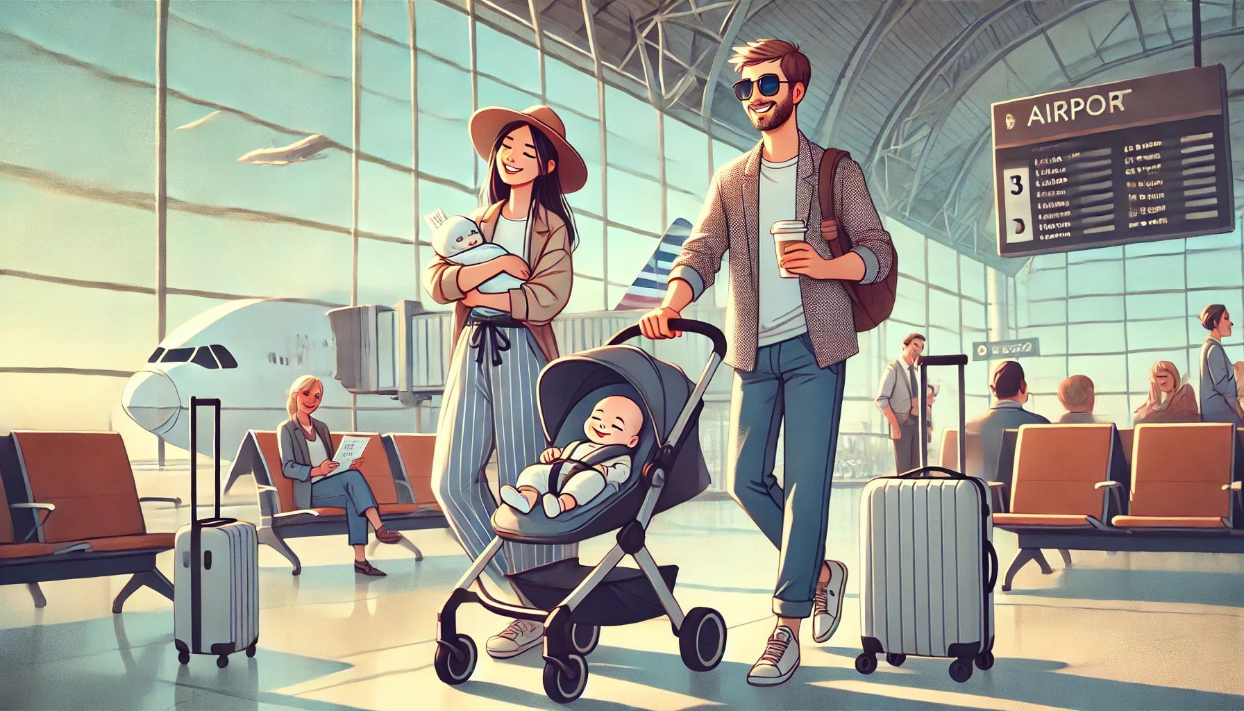Travelers with luggage and a stroller wait in a bright airport terminal near a flight information board.