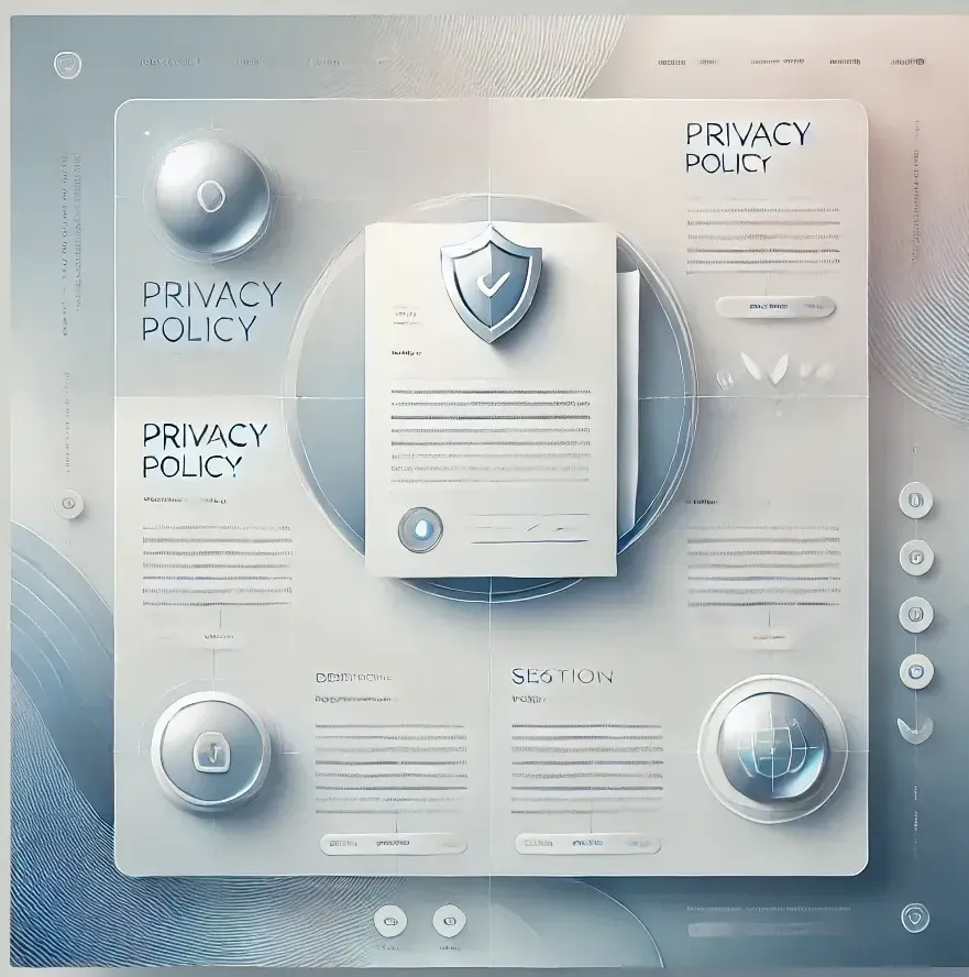 Stylized privacy policy webpage in soft blue tones with shield icons and document layout