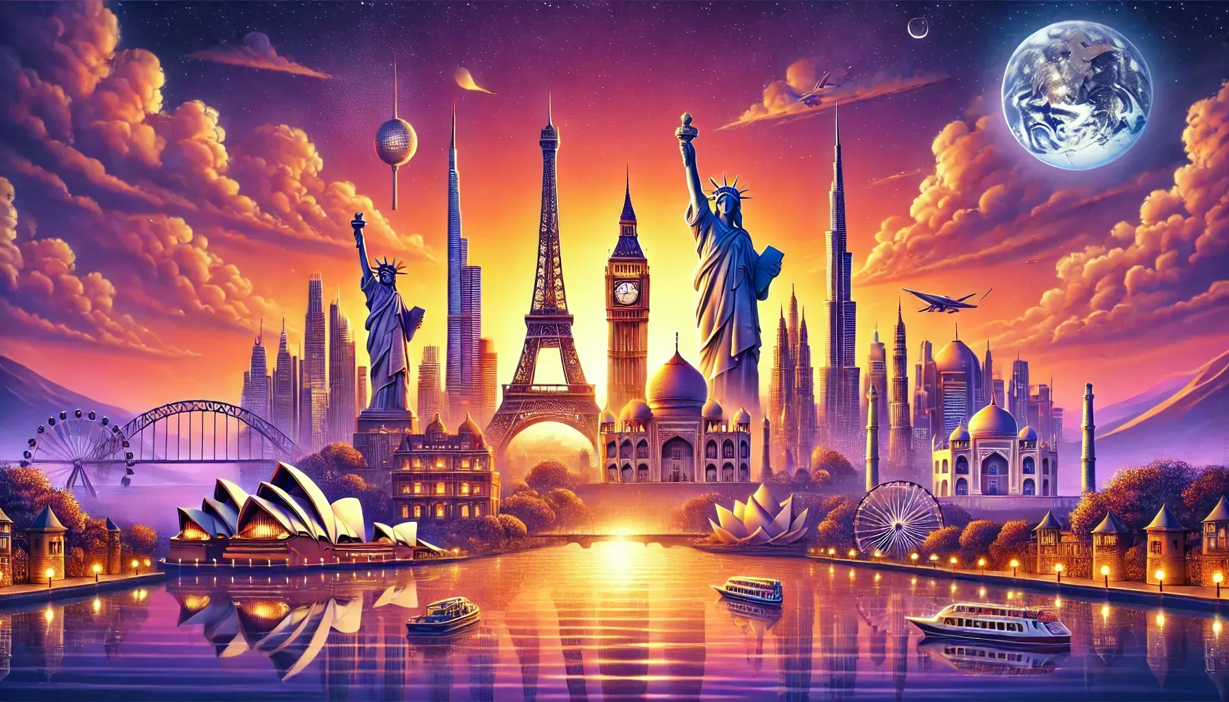 A glowing futuristic skyline at sunset with towers, bridges, and a moonlit sky over water