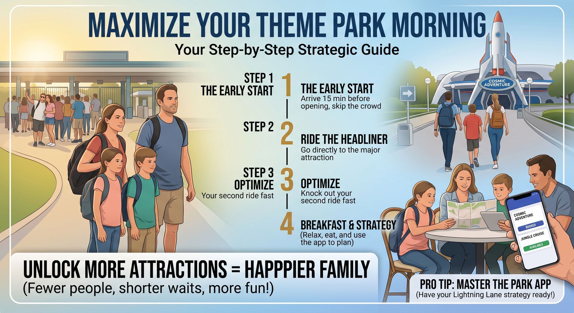 Colorful theme park morning infographic with family scenes, steps, tips, and ride icons.