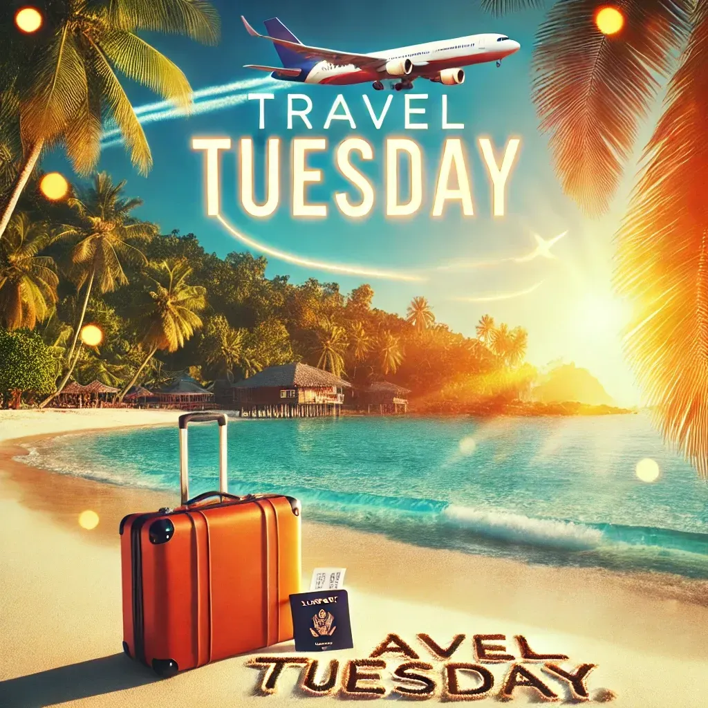 Travel Tuesday beach poster with suitcase, palm trees, turquoise water, and a plane at sunset