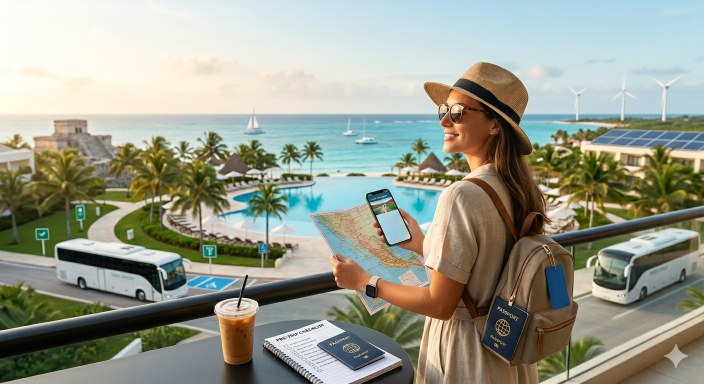 Woman with backpack taking a phone photo of a tropical resort overlook with pool, palm trees, and ocean views