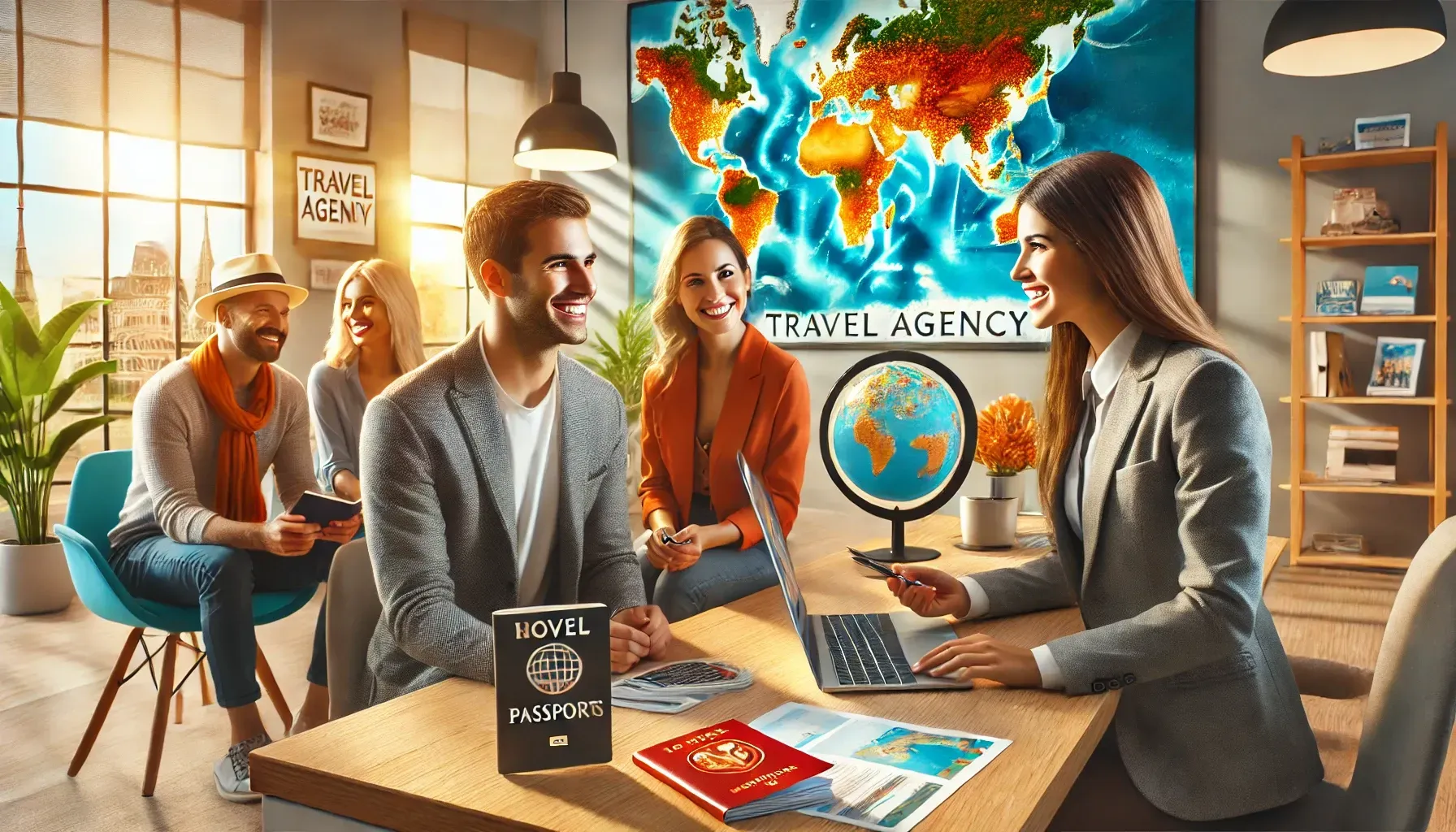 Travel agency office with people consulting at desks and a world map on the wall