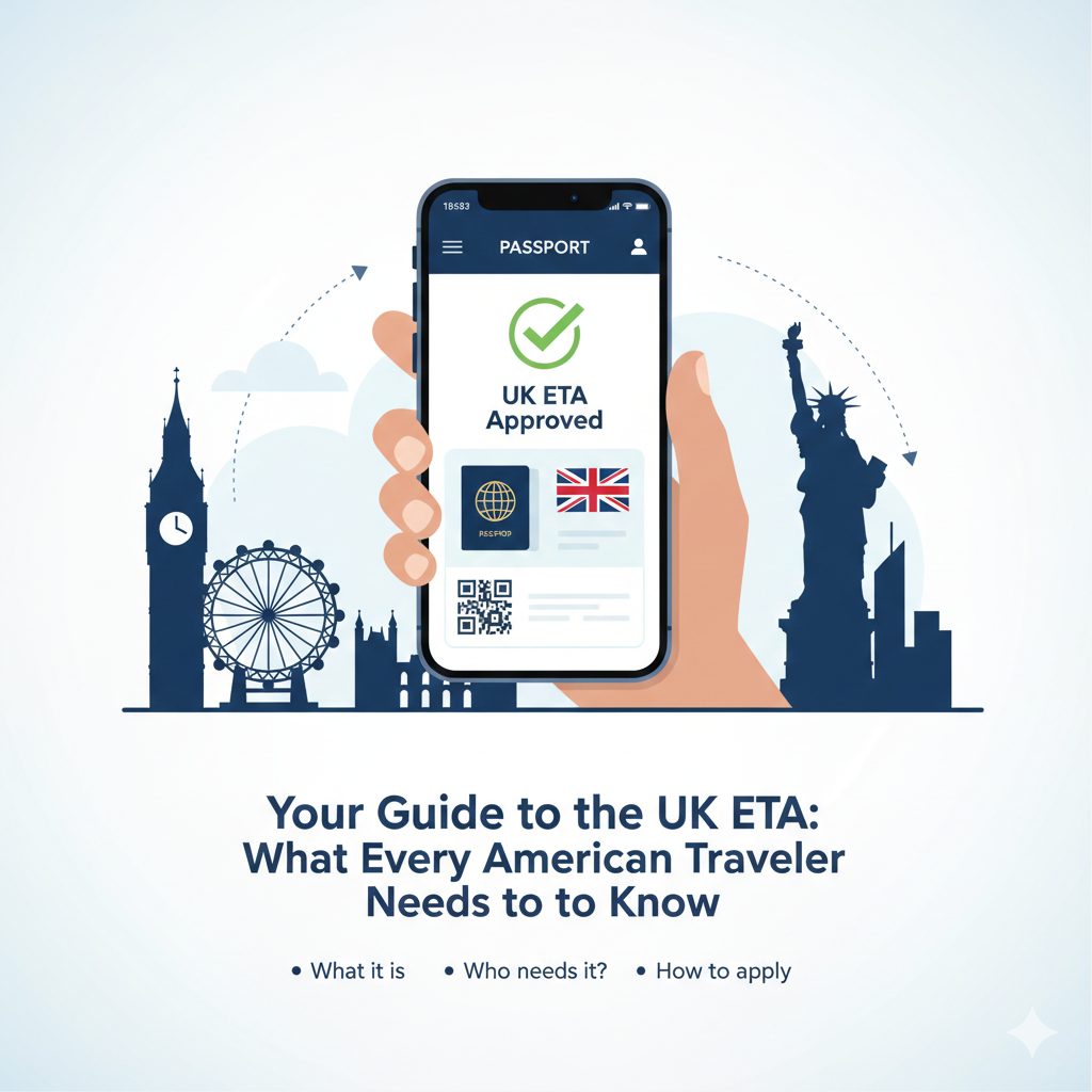 A hand holds a smartphone displaying an approved UK ETA status, with silhouettes of Big Ben and the Statue of Liberty.