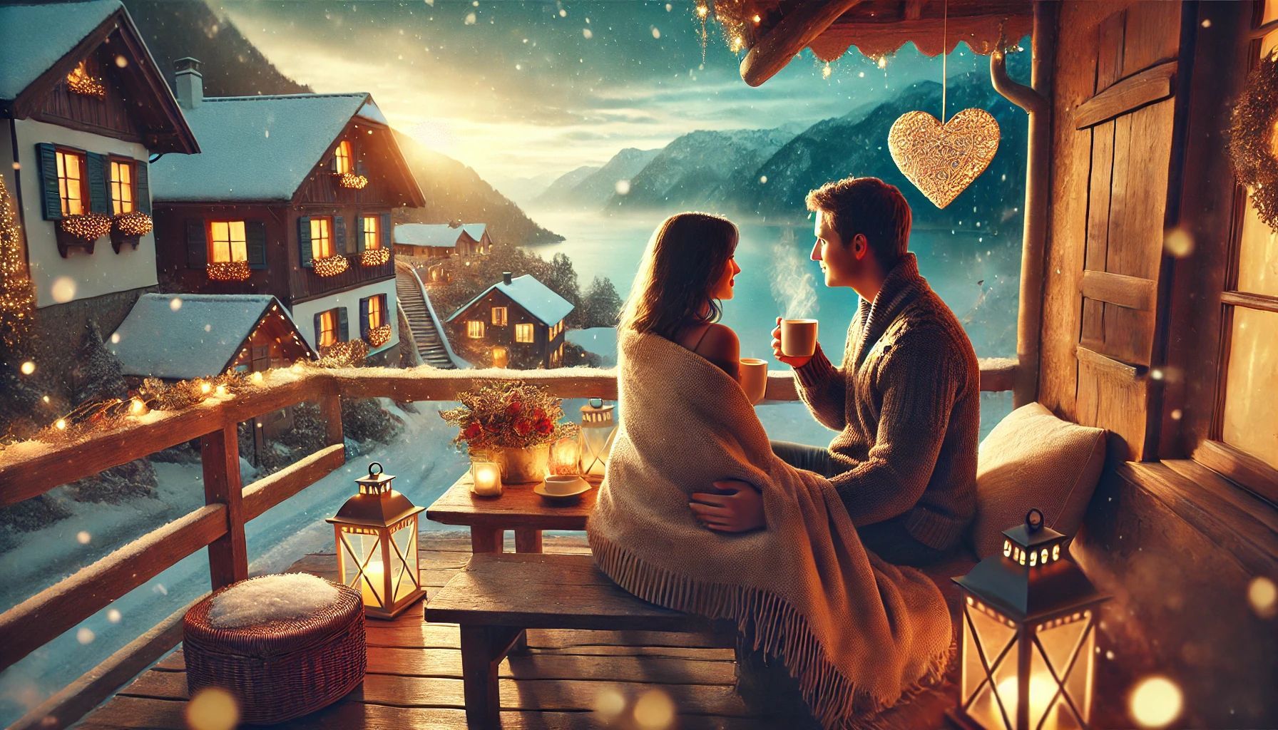 A couple wrapped in a blanket shares drinks on a snowy balcony overlooking a lit mountain village at sunset.