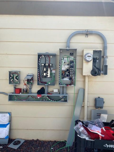 An electrical box is sitting on the side of a house