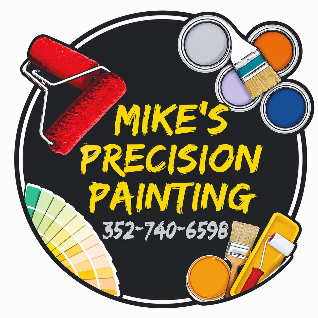 Mike's Precision Painting logo: Blue paint brush with a stroke; company name in blue text.