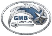 A logo for GMB Handyman featuring a wrench, a stylized diamond-plate trail, and a metallic star inside an oval frame.