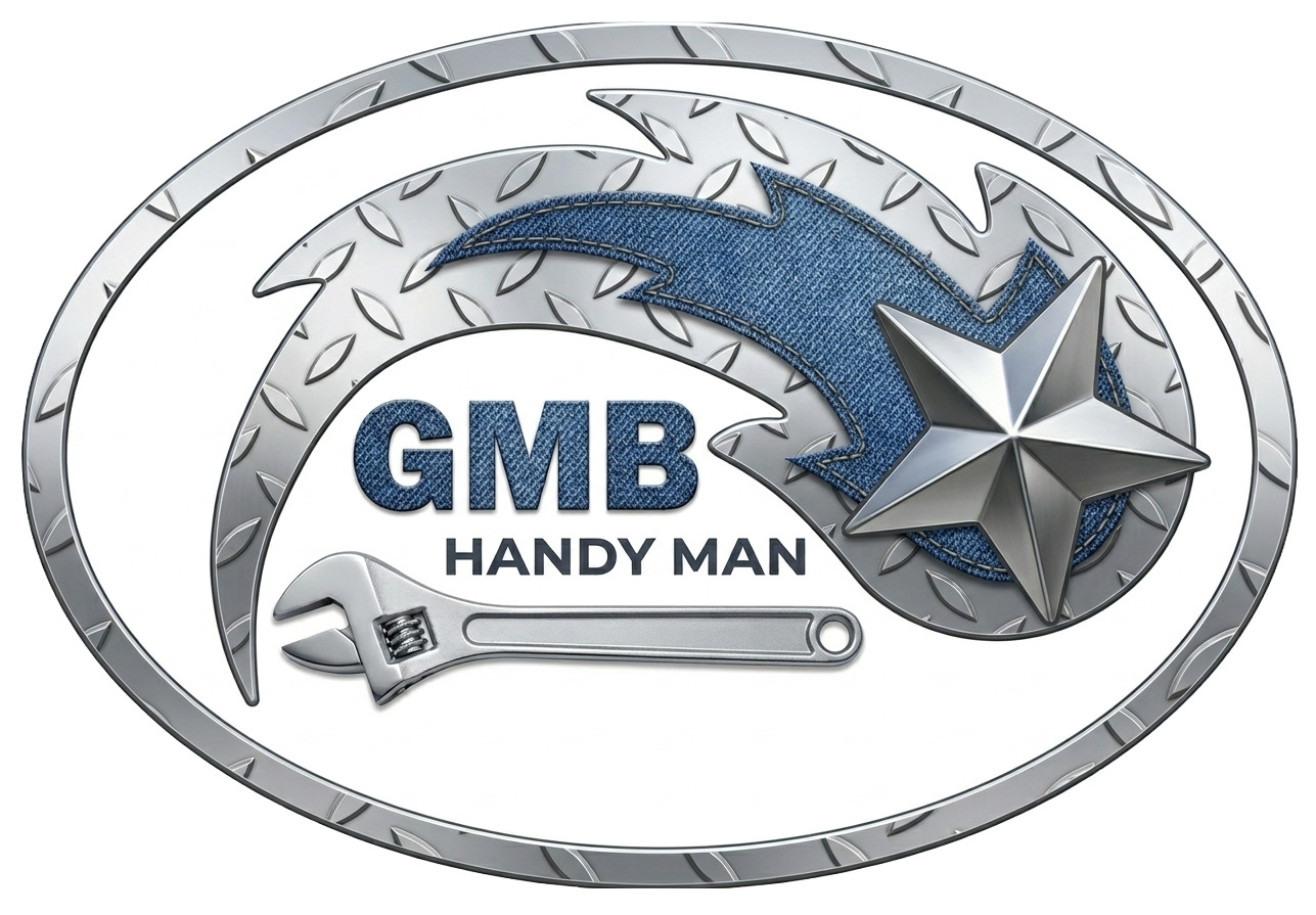A logo for GMB Handyman featuring a wrench, a stylized diamond-plate trail, and a metallic star inside an oval frame.
