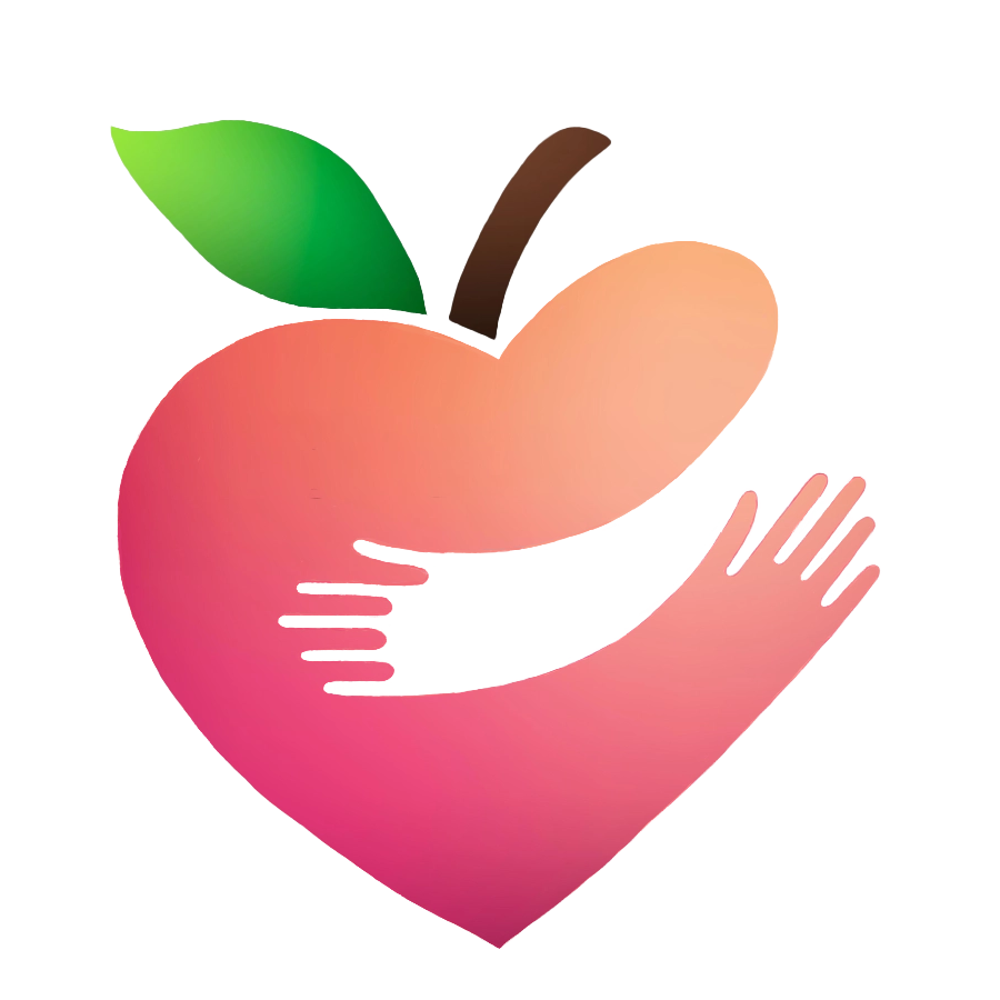 A gradient peach-colored heart-shaped fruit being embraced by a white silhouette of a hand, featuring a green leaf.