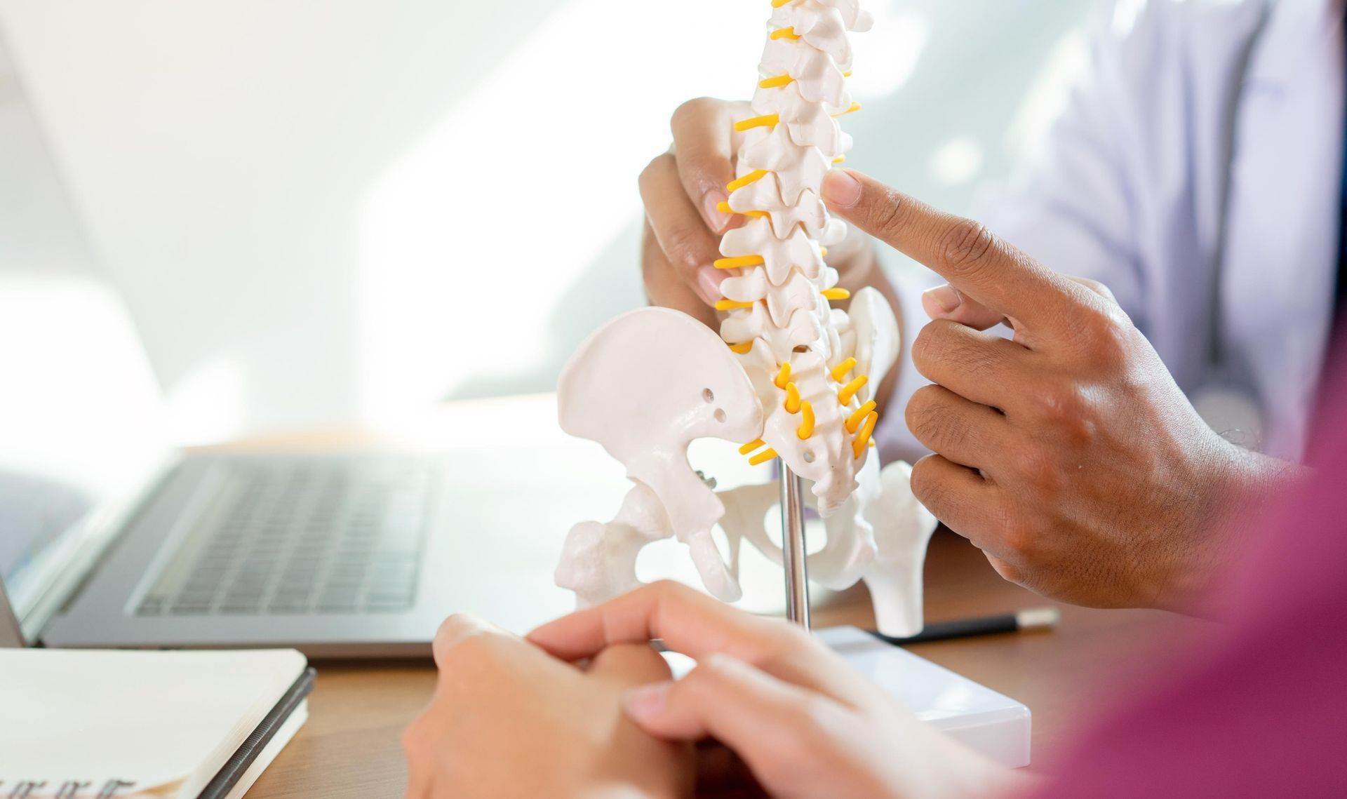 Doctor pointing to a spine model during a consultation at a desk with a laptop.