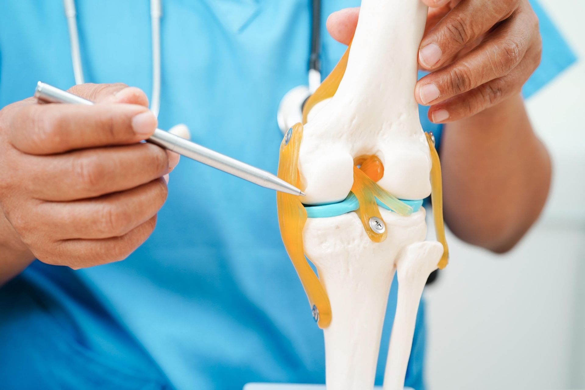 Gloved hands pointing at a knee joint model with a pen, in a medical setting
