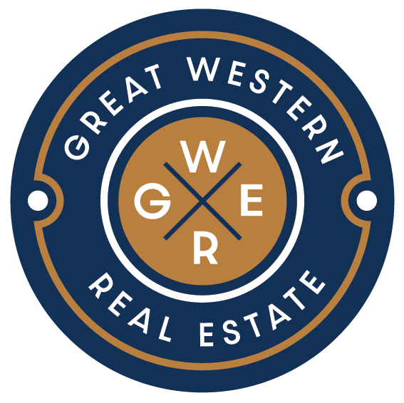 The logo for great western real estate is blue and brown