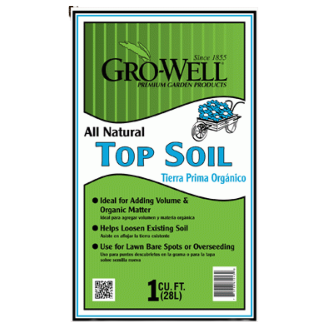Green Gro-Well “Top Soil” bag label with black, blue, and white text on a light blue background
