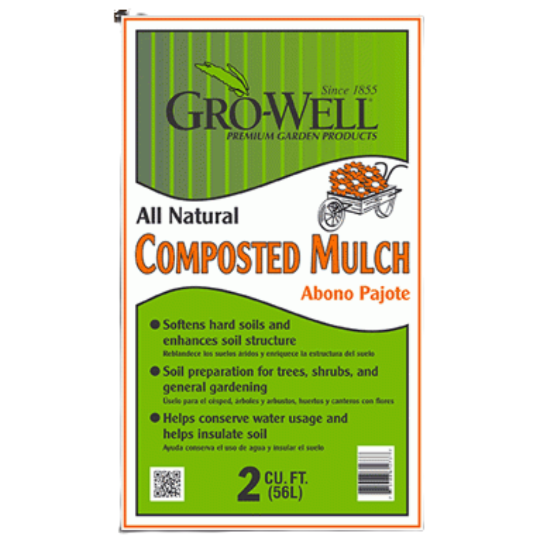 Gro-Well All Natural Composted Mulch bag, green label with orange text and garden cart icon