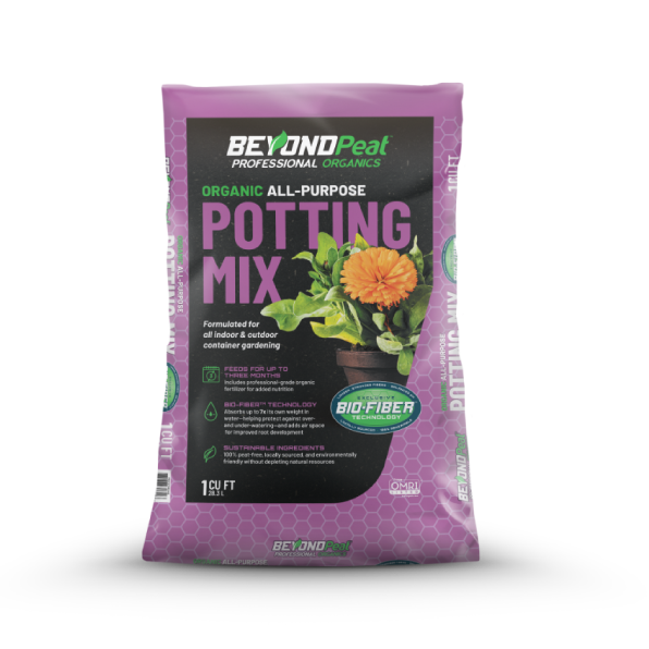 Purple bag of Beyond Peat organic all-purpose potting mix with plant illustration