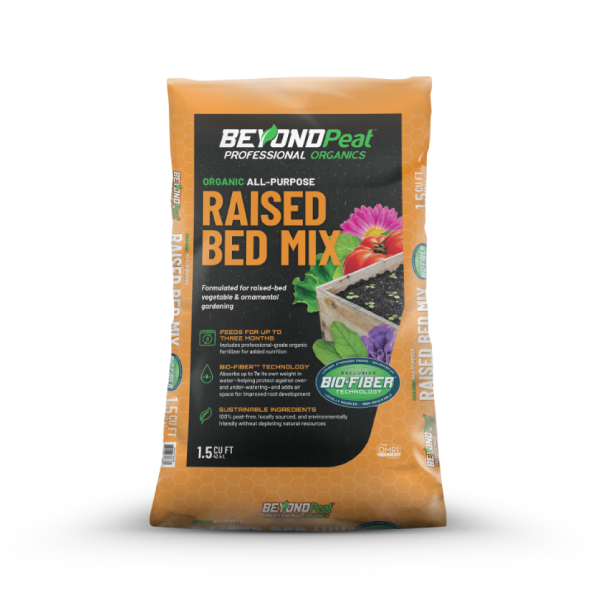 Orange bag of BeyondPeat organic all-purpose raised bed mix for gardening