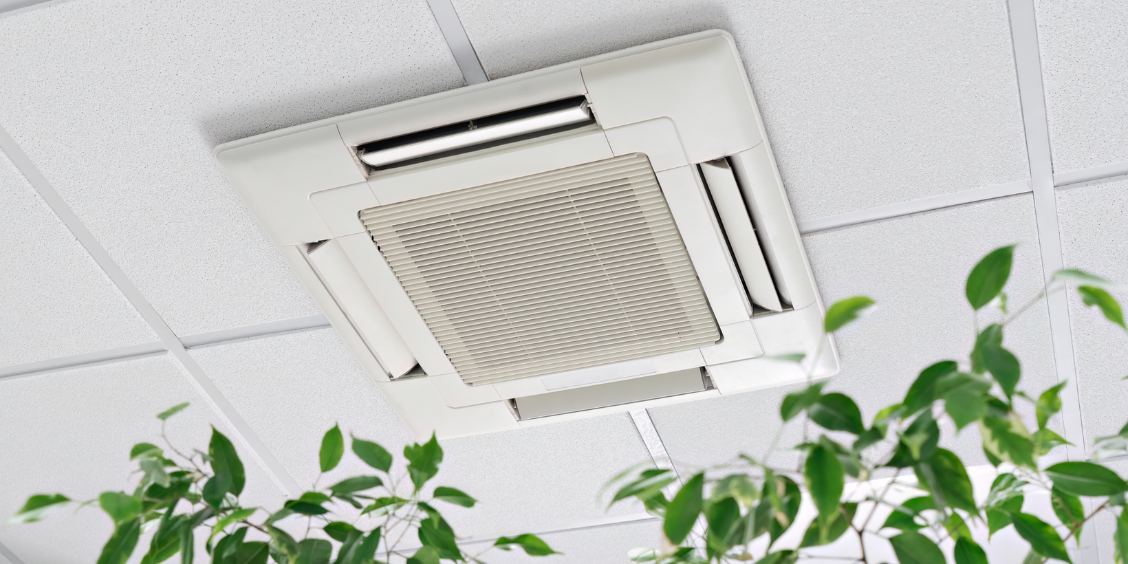 Ceiling-mounted air vent among green leaves in an indoor office or room