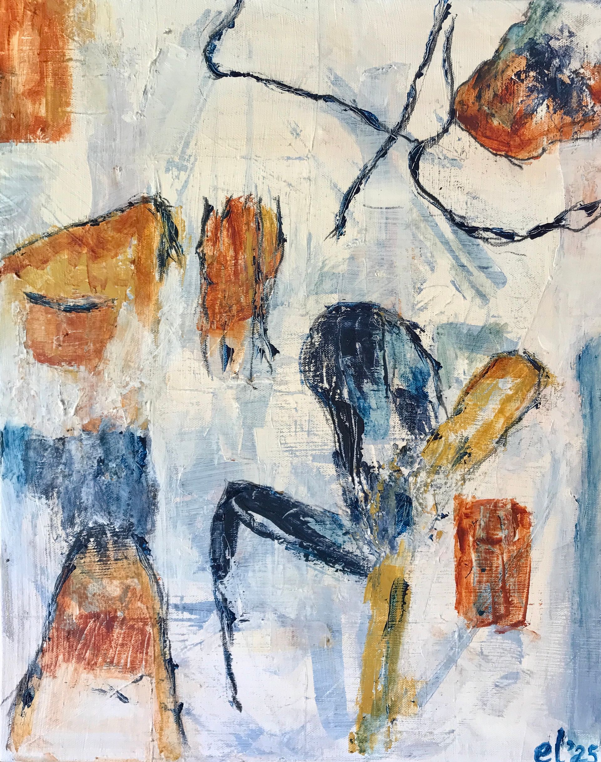 Abstract schilderij met blauwe, oranje en zwarte penseelstreken op een lichte achtergrond.