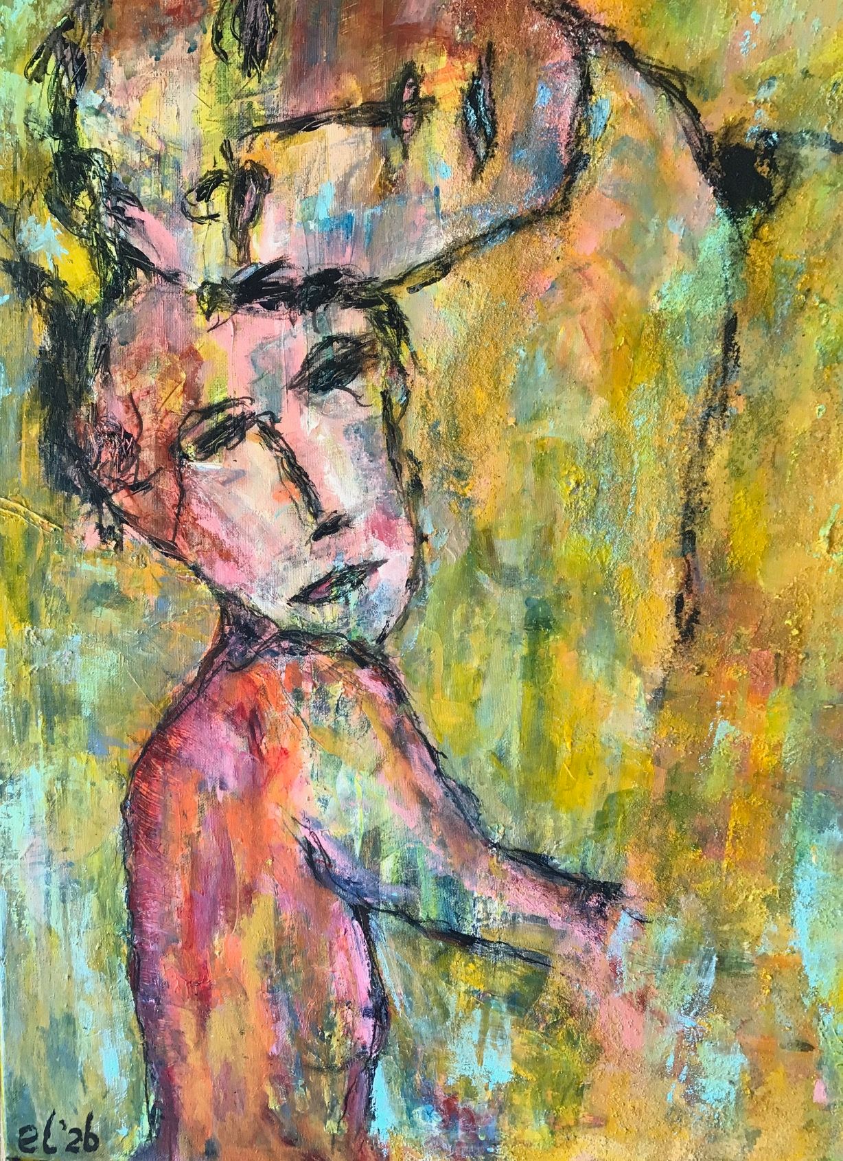 Abstract portret van een zittende figuur met een gekanteld hoofd, geschilderd met roze en gele penseelstreken.