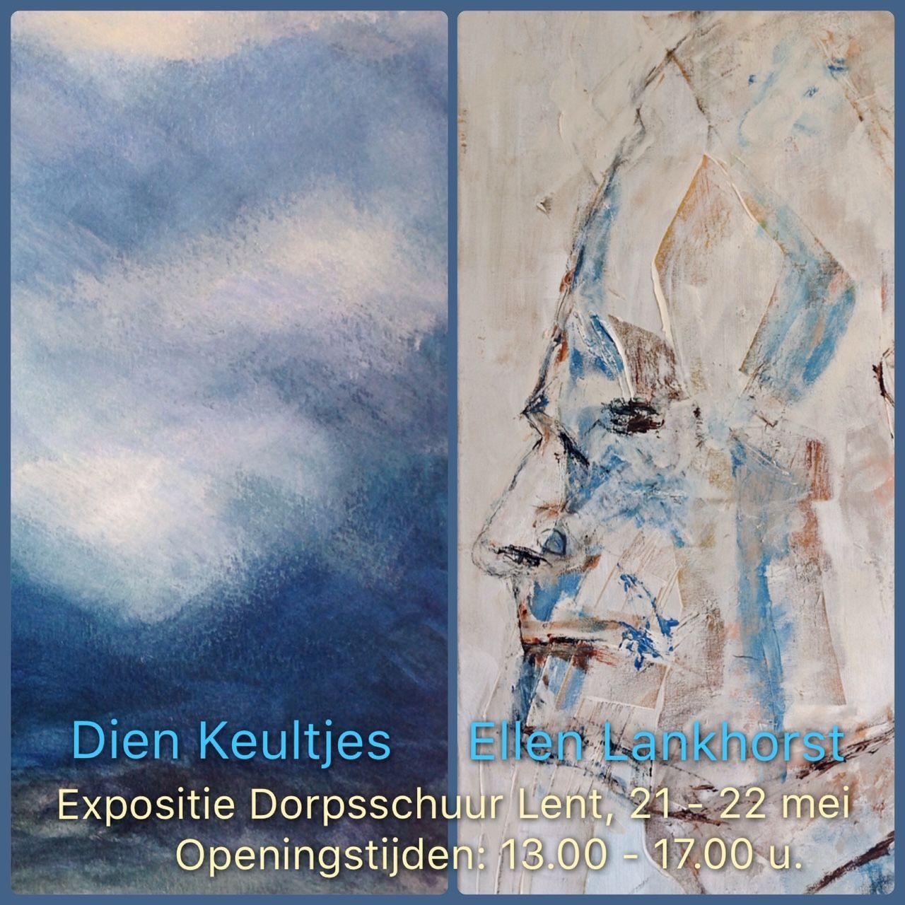 Poster voor een kunsttentoonstelling met een blauw abstract schilderij en een wit-blauw portret, ter aankondiging van Dorpenschuur Lent, 21-22 mei, 13:00-17:00.