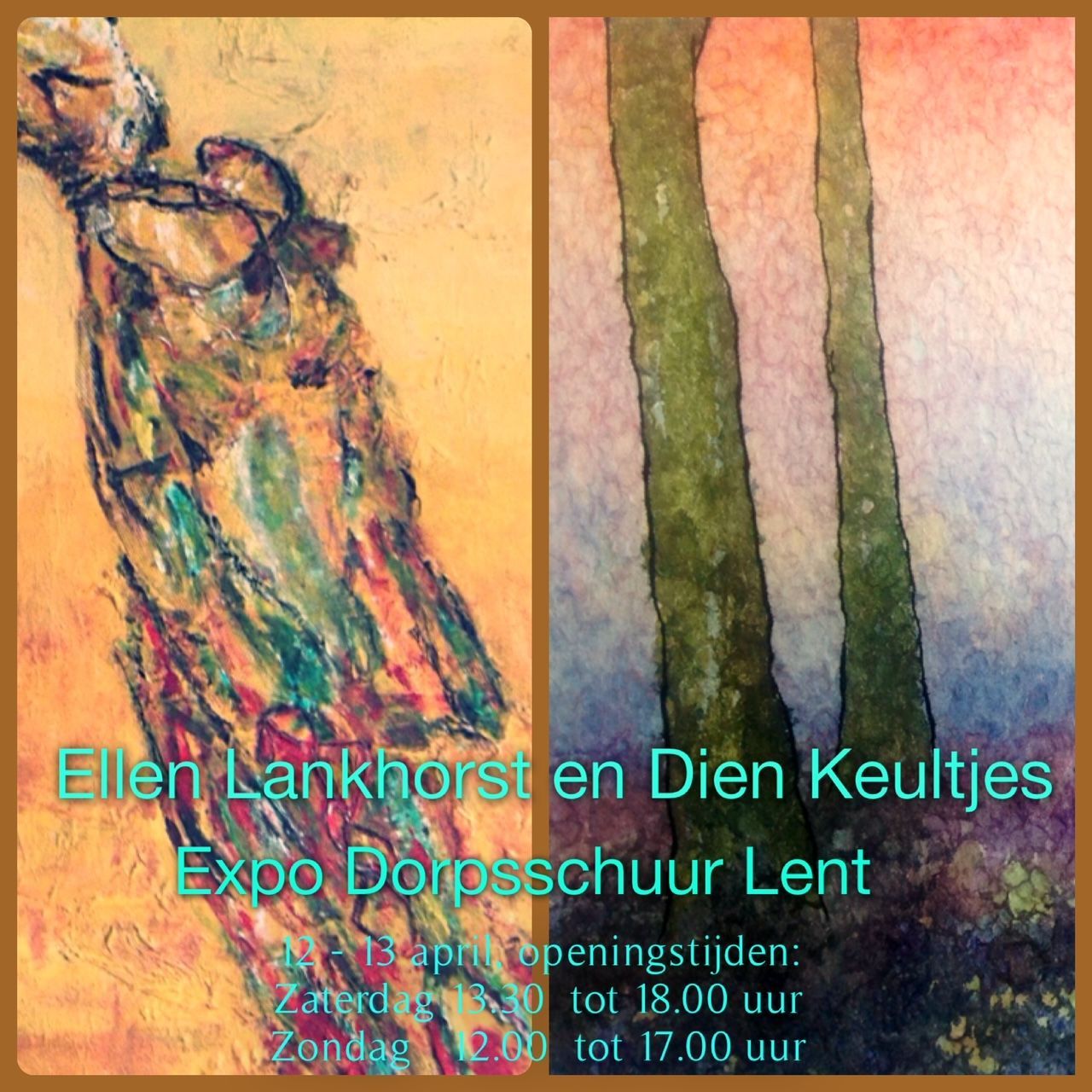 Art poster for Ellen Lankhorst and Dien Keultjes at Expo Dorpsschuur Lent, with colorful abstract figures and dates
