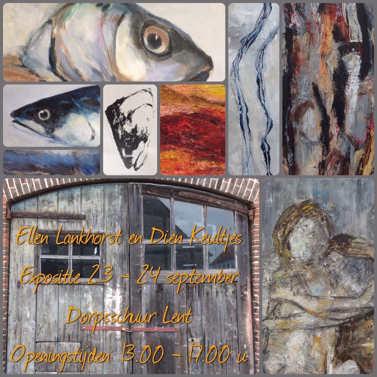 Collage van schilderijen van vissen en een poster met Nederlandse tekst, waarop een aankondiging van een kunsttentoonstelling staat.
