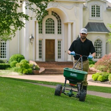 Man spreading fertilizer on a lawn in front of a large house