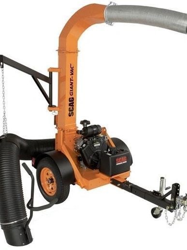 Orange SEAG Giant-Vac leaf vacuum machine on wheels with a flexible black hose and an engine