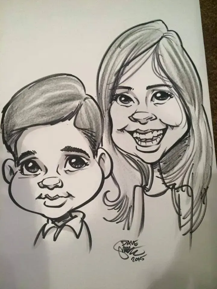 A black and white drawing of a boy and a woman