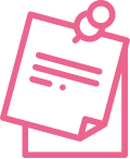 A pink icon of a notepad with a magnifying glass attached to it.