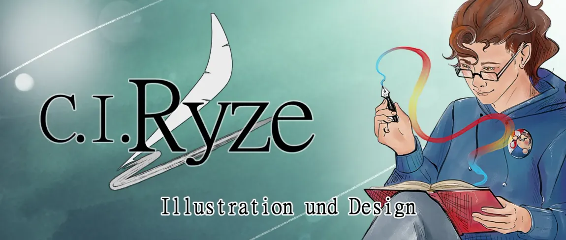 Banner-Logo mit der Aufschrift „CIRyze“ und „Illustration und Design“ neben einer illustrierten Figur mit einem Pinsel auf blauem Hintergrund