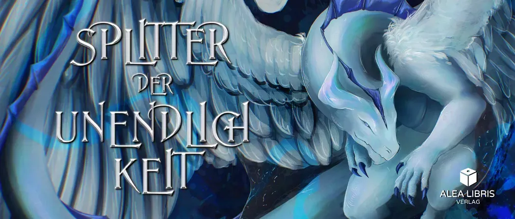 Cover-Artwork mit einer blau geflügelten Kreatur und deutschem Titel „Splitter der Unendlichkeit“